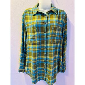 Anthropologie Pilcro Plaid Button Down Shirt Women M Green Yellow  Casual